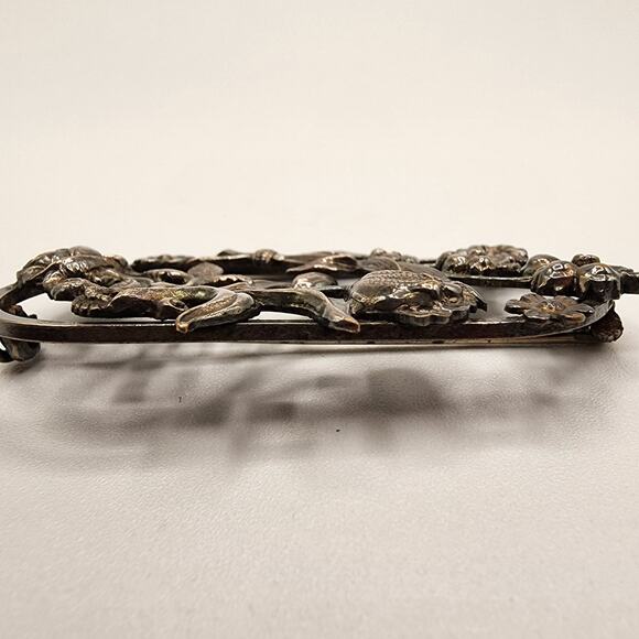 Vintage Art Nouveau Revival Floral Brooch Silver Tone Rose Tulip Bar Pin 1930s - Picture 6 of 8